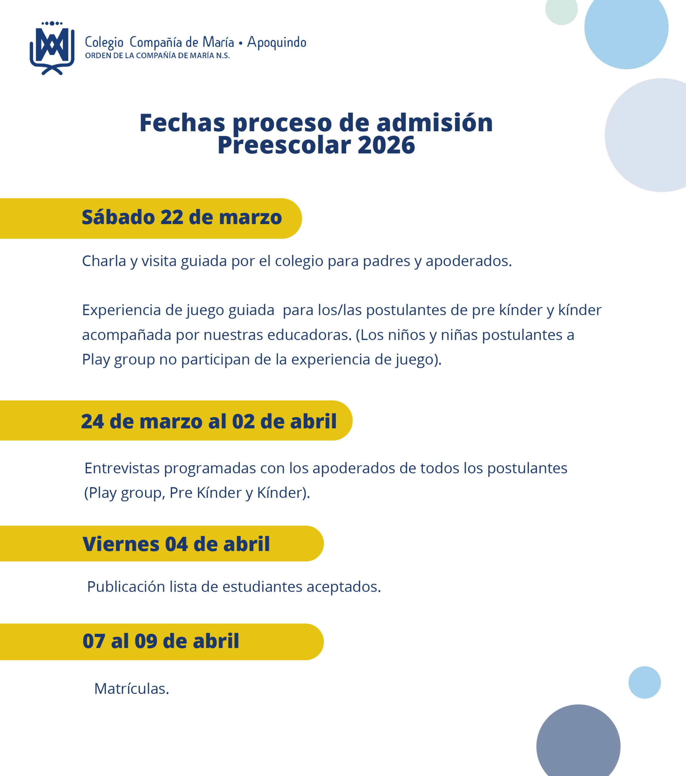 Fechas proceso de Admisión Preescolar 2026